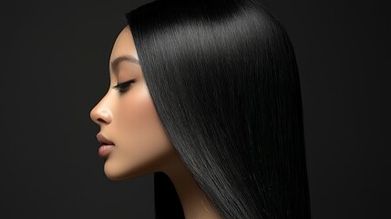 Fototapeta premium Side profile of a woman with smooth black hair on a dark background