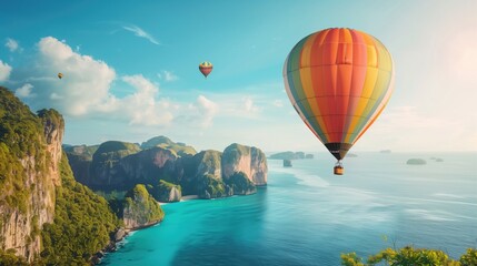 Fototapeta premium Vibrant hot air balloons soaring over tropical coastal cliffs and clear blue ocean.