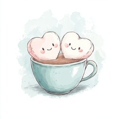 A whimsical illustration of two heart-shaped marshmallows smiling in a cup of hot chocolate.
