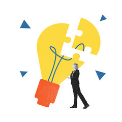 Poster. Contemporary art collage. Woman completes puzzle piece on lightbulb, symbolizing innovative...