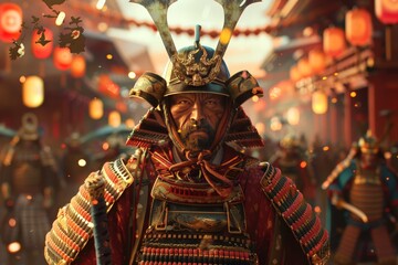 Fototapeta premium The cool samurai, designed with a slightly cartoonish approach, is depicted with elaborate armor and a striking pose.