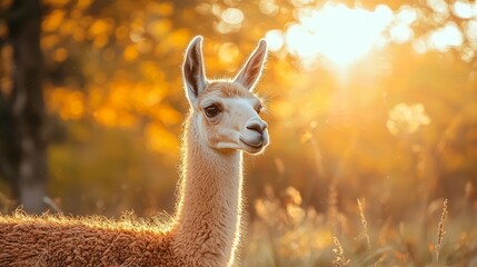 Llama standing in a golden field during sunset with a warm glow