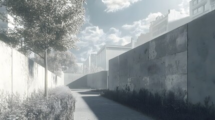 130. **Illustrate the Berlin Wall Memorial with the historic wall standing against a modern urban...