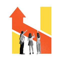 Poster. Contemporary art collage. Three people point to upward arrow, representing alignment and...