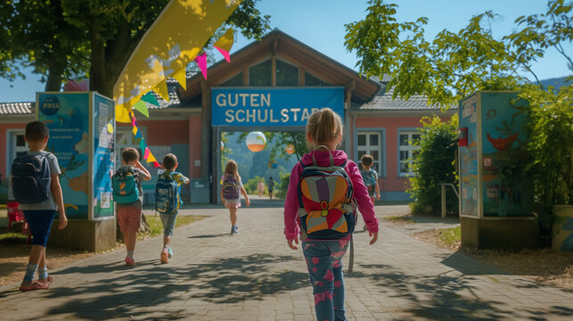 Kind geht auf Schule zu unter "Guten Schulstart" Banner.