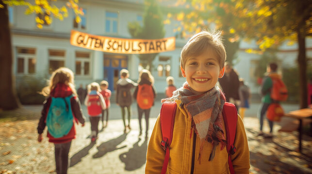 Kind geht auf Schule zu unter "Guten Schulstart" Banner.