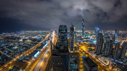 Panoramic skyline of Dubai night timelapse, United Arab Emirates.