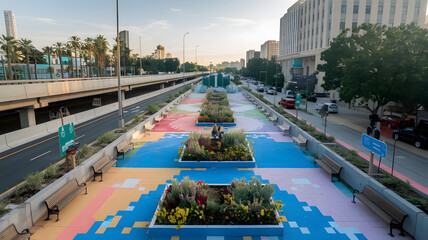 Empty Highway Transformed into Community Space with Benches, Plants, and Stage for Performances on Car Free Day.