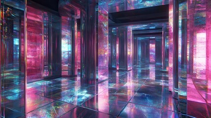 Abstract Hallway with Iridescent Glass and Neon Lights.