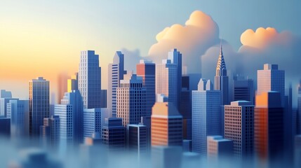 A serene city skyline at dawn, with soft colors illuminating tall buildings under a cloudy sky.