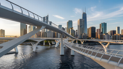 Fototapeta premium City Skyline with Pedestrian Bridges Connecting Buildings Illustrating Future Without Cars on Car Free Day.