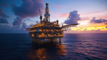 Offshore oil rig platform illuminated at sunset in the open sea