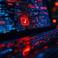 Close-up of a laptop screen featuring vibrant digital data and a prominent verification symbol, symbolizing technology and security.