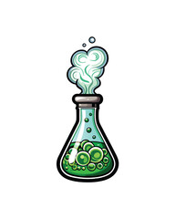 Editable stroke vector of a beaker bubbling with green liquid and emitting smoke.