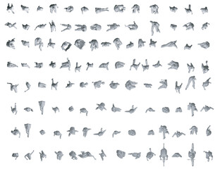 Set with people polygonal in different positions isolated on white background. Men, women and children walking, running, standing, sitting. Isometric view. Vector illustration. 3D