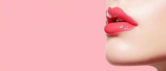 Obraz premium Close-up of glossy red lips against a soft pink background, showcasing beauty and elegance perfect for makeup and fashion themes.