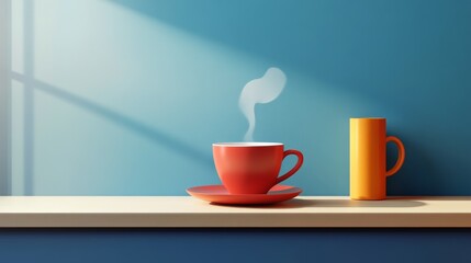 A vibrant coffee cup with steam on a sunny shelf, creating a cozy and inviting atmosphere for relaxation.