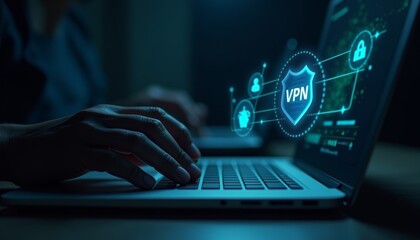 Hands typing on a laptop in a dimly lit room, displaying a holographic VPN icon symbolizing secure internet connection and data privacy.