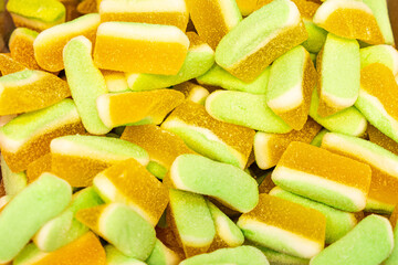 Assorted colorful gummy jelly candies. Top view. Jelly sweets.