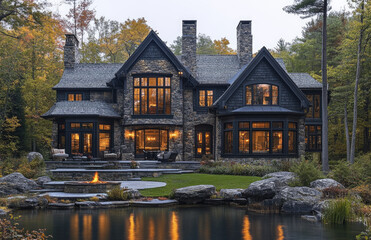 Fototapeta premium A stunning lakehouse with a black wood and stone exterior, large windows showcasing the interior's warmth, surrounded by lush greener. Created with AI