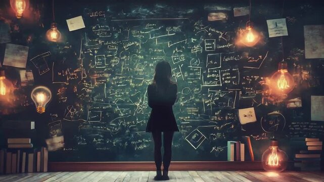 Girl standing in front of a large chalkboard filled with complex formulas and drawings, surrounded by hanging light bulbs and stacks of books, symbolizing knowledge, creativity, and learning