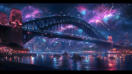 122. **Render the Sydney Harbour Bridge with a vibrant night sky filled with fireworks and the city lights glowing below.**