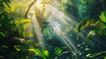 Obraz premium vibrant, tropical rainforest with beams of sunlight piercing through the dense foliage.