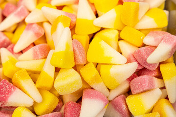 Assorted colorful gummy jelly candies. Top view. Jelly sweets.