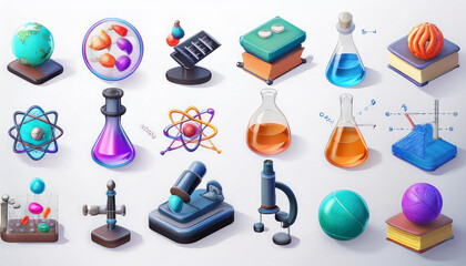 Science 3d icon set. Study and knowledge. Physics, chemistry, biology, astronomy. Sciences. Isolated icons, objects on a transparent background