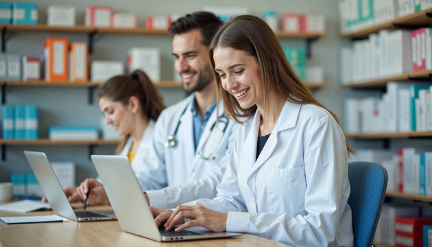 Happy pharmacist using laptop while her colleagues is taking notes in pharmacy.