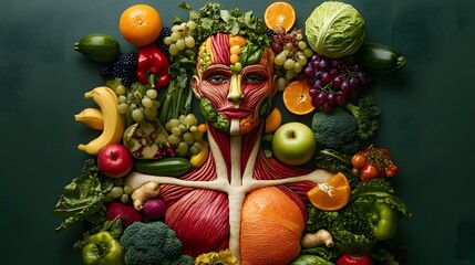 Human Body Made of Vegetables and Fruits on Green Background