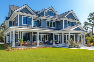 Photograph of an elegant coastal home with dark blue exterior walls, white trim, and large windows overlooking the green lawn in Bettys Beach. Created with AI