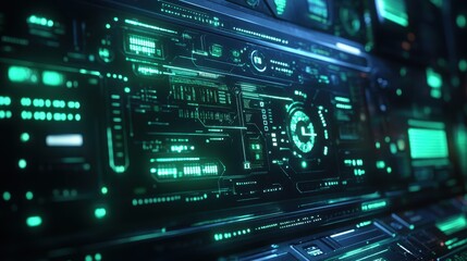 Fototapeta premium Futuristic Green Digital Interface with Glowing Displays, User Interface, Technology, Abstract