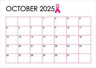 October month 2025 calendar. Simple design in pink and black colors and a pink ribbon awareness symbol for Breast Cancer awareness month 
