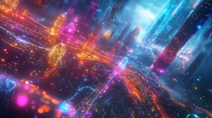 Fototapeta premium Abstract Cityscape with Neon Lights and Particles.