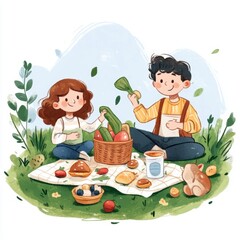 Two children enjoying a delightful picnic in nature, sharing fresh vegetables and tasty snacks on a cozy blanket.