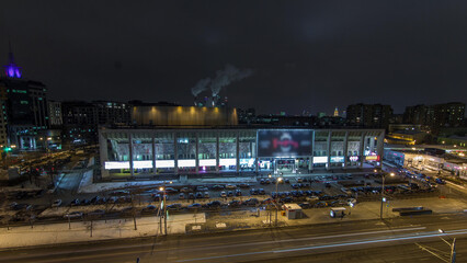 Moscow city skyline aerial panoramic top view night timelapse urban winter snow scenery architecture background