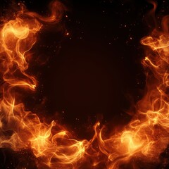 Vibrant fire swirl creating a mystical frame with glowing embers and warm tones, perfect for backgrounds and creative projects.