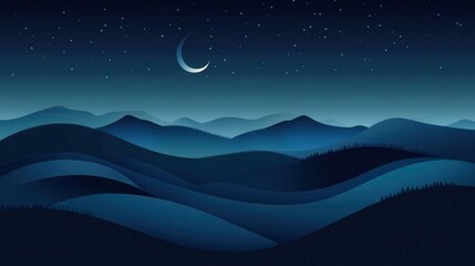 Fototapeta premium Nighttime Mountain Landscape with Crescent Moon and Stars Illustration.