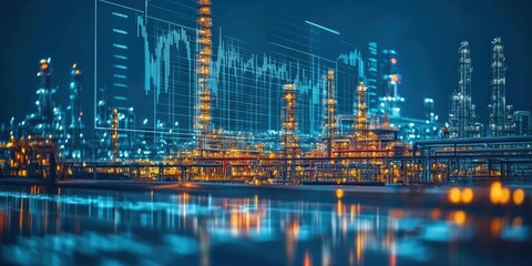 Fototapeta premium A modern industrial landscape featuring glowing data visualizations, representing the fusion of technology and energy sector.
