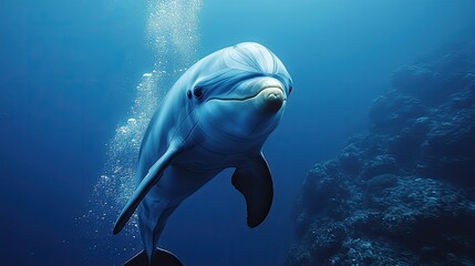 Fototapeta premium a diver swimming alongside a friendly dolphin in the ocean