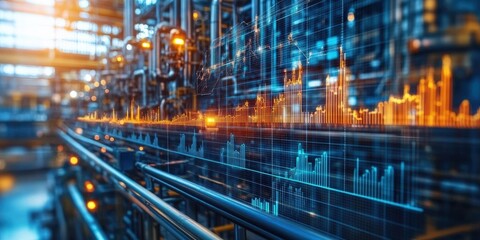 Obraz premium A vibrant industrial scene showcasing advanced technology and data visualization in a modern factory environment.