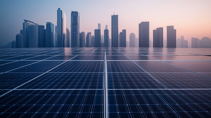 Dawn breaks over a futuristic skyline reflecting on solar panels in a vibrant cityscape
