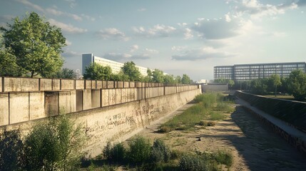 Fototapeta premium 113. **Visualize the Berlin Wall Memorial with sections of the historic wall highlighted against the modern Berlin backdrop.**
