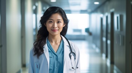 Happy asian young doctor woman in hospital interior. Neural network ai generated art