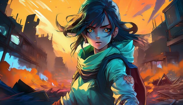 anime girl fighting for her life in a zombie apocolyps,anime battle hero women