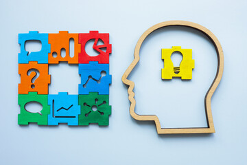 Head and puzzle pieces. Problem-solving and business ideas.
