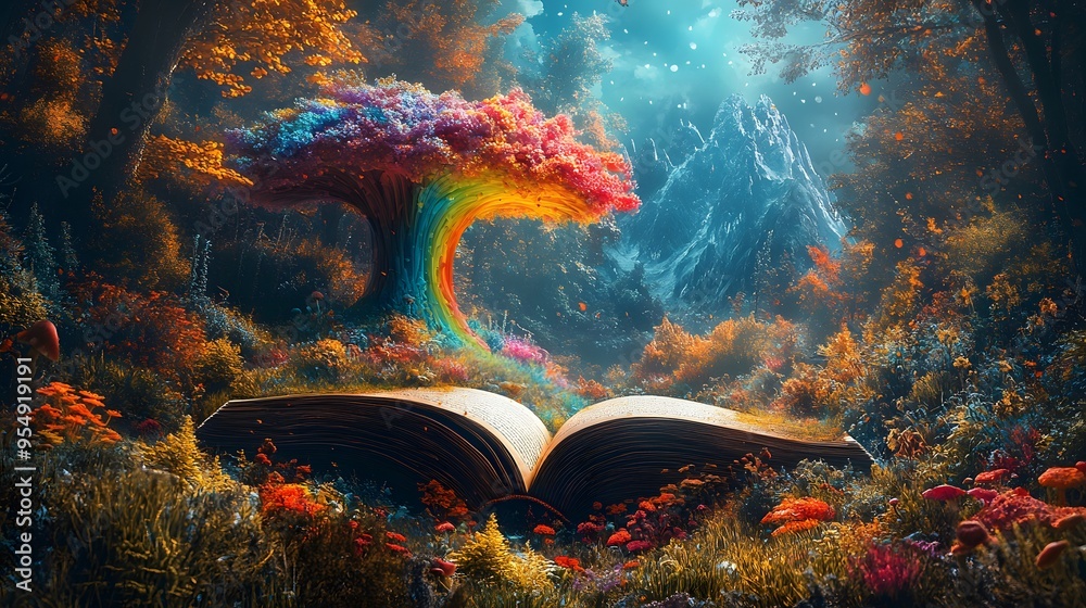 Poster magical forest landscape with open book and rainbow tree