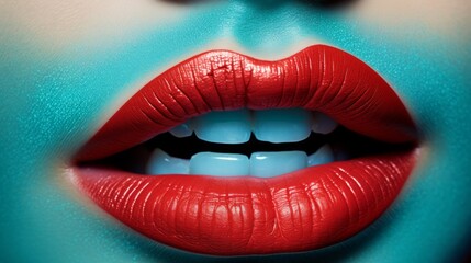 Obraz premium Woman face in glowing blue makeup paint. Neural network ai generated art