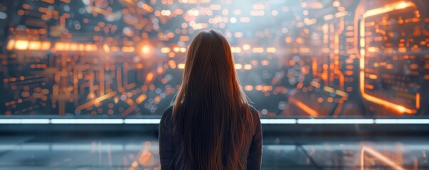 Woman standing before a glowing, futuristic digital cityscape at night. Free copy space for text.